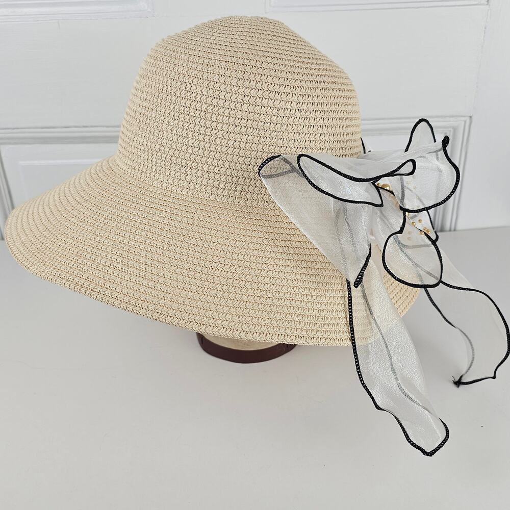 Wide brim cream sun hat floral boho bridesmaid spring Easter church trad